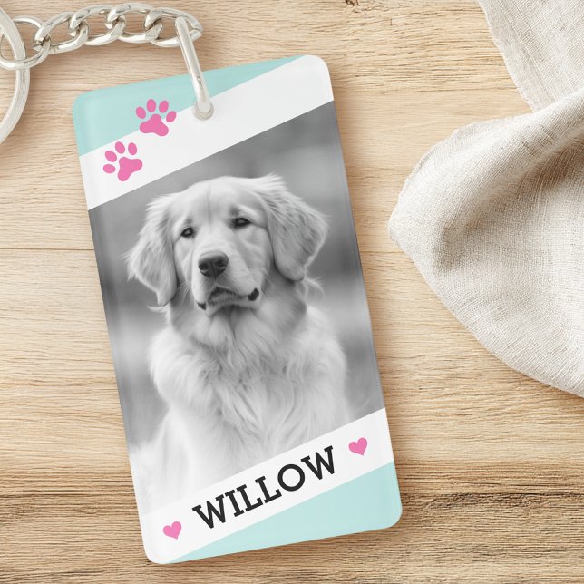 Foto für Heimtiere Schlüsselanhänger (Pet dog photo light aqua blue white borders name keychain)