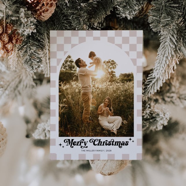 Foto für hintere Ränder Feiertagskarte (Retro Checkered Arch Photo Christmas Card)