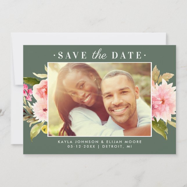 Foto für Hochzeitsfeiern in grünem Rosa Save The Date (Vorderseite)