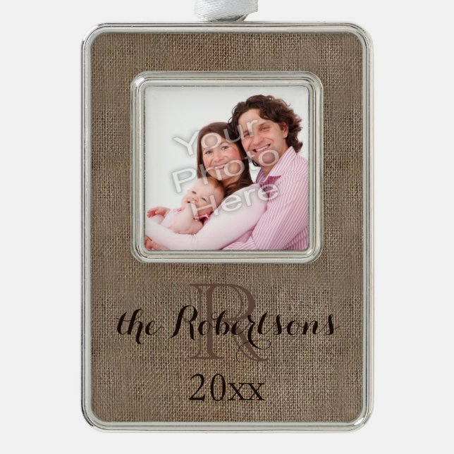 Foto für personalisierte rustikale Monogram-Famili Rahmen-Ornament Silber (Vorderseite)