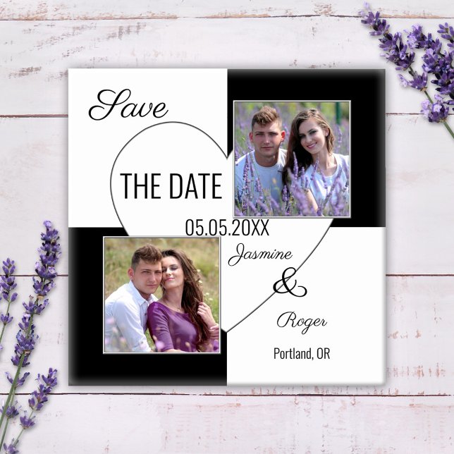Foto für Schwarz und Weiß: Speichern des Datumsfel Magnet (Save the Date magnet featuring your own photos framed by a checkered black and white heart design.)