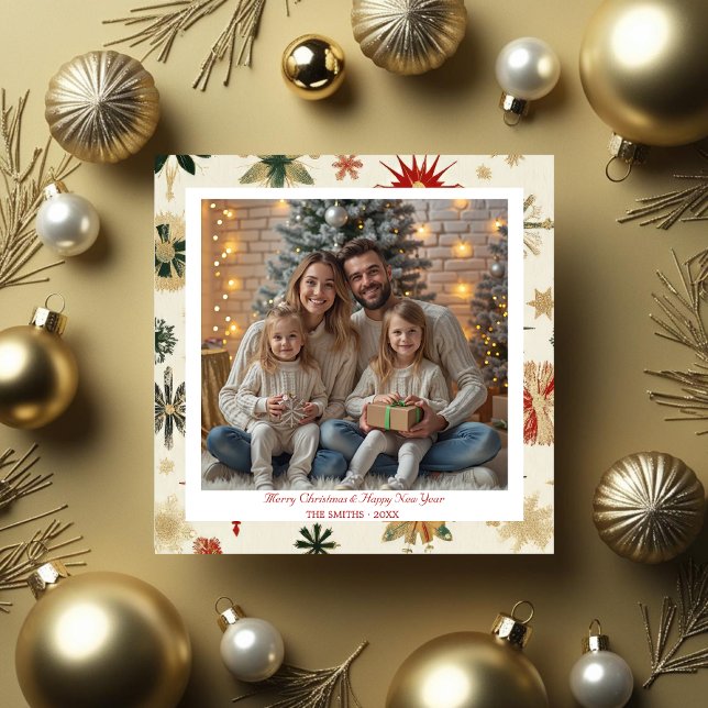 Foto für Vintage Goldschneeflocken Feiertagskarte (Vintage Gold Snowflakes pattern photo Holiday Card)