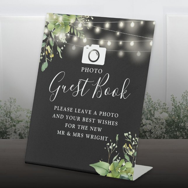 Foto Gästebuch Grün Schwarz und Weiß Hochzeit Sockelschild (Gold Jenga Guest Book Minimalist Modern Pedestal Sign)