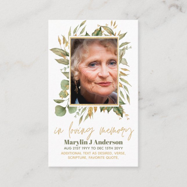 Foto-Gebetskarten Gedenkfeier zum Leben Visitenkarte (Vorderseite)