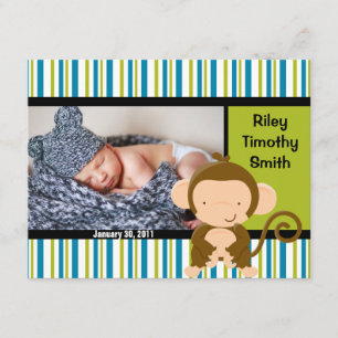 Foto-Geburts-Mitteilung - Baby-Junge mit Affen Ankündigung