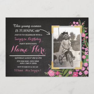 Foto-Geburtstags-Vintage Blumen laden alle Einladung