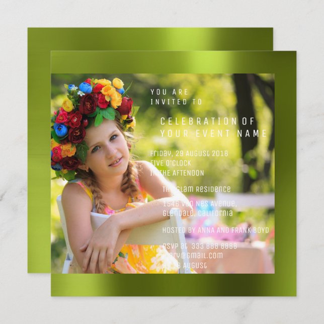 Foto Geburtstagsparty Cali Green Metal Einladung (Vorne/Hinten)