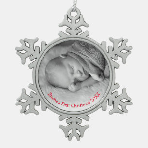 Foto Gender Neutral Red Babys Erste Weihnachtsfeie Schneeflocken Zinn-Ornament