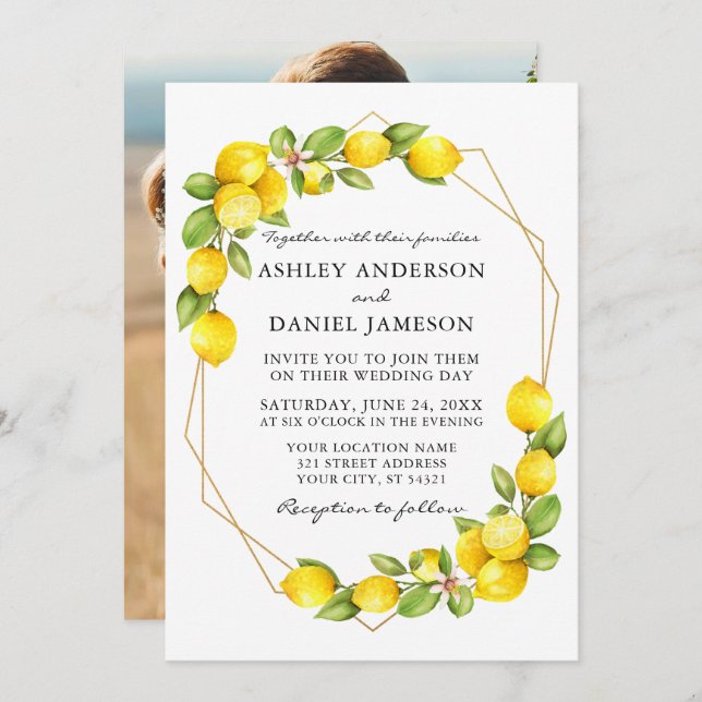 Foto Geo Frame Wedding Aquarelllemonen Einladung (Vorne/Hinten)