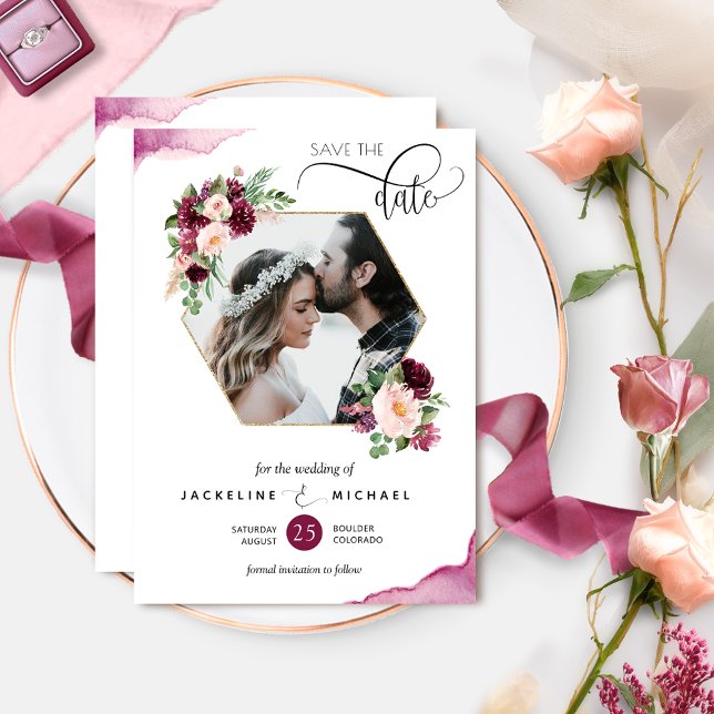 Foto-, geometrische Berry- und Blush-Floral-Hochze Save The Date (Von Creator hochgeladen)