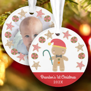 Foto Gingerbread Boy Baby First Christmas Red Ornament