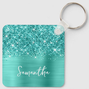 Foto Glittery Aquamarin Turquoise Glam Script Name Schlüsselanhänger