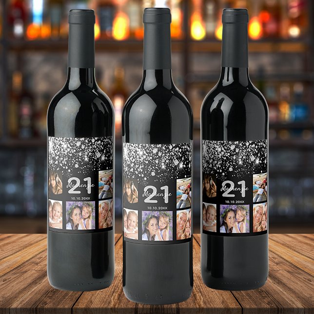 Foto Glitzer am Geburtstag, schwarzer Silbername Weinetikett (Von Creator hochgeladen)