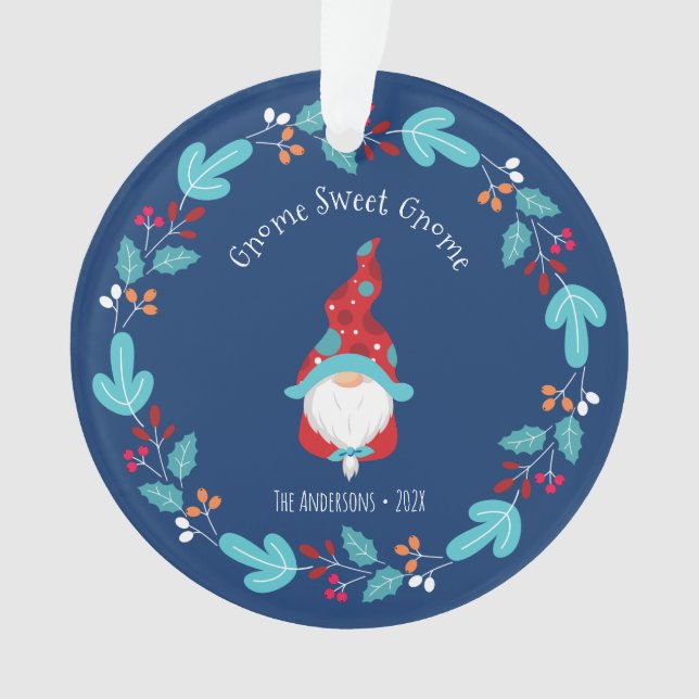 Foto Gnome Sweet Gnome Floral Wreath Elf Blue Ornament (Vorderseite)