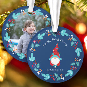 Foto Gnome Sweet Gnome Floral Wreath Elf Blue Ornament
