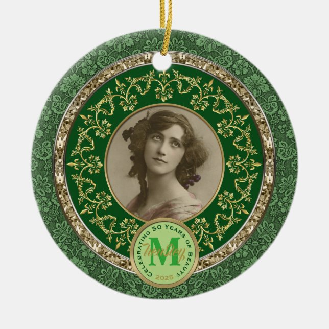 Foto Gold Classic Damask Gedenkgrün Keramik Ornament (Vorne)