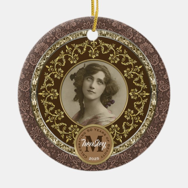 Foto Gold Classic Damask Gedenkschokolade Keramik Ornament (Vorne)