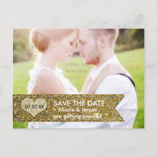 Foto Gold Glitter-Banner SAVE THE DATE Postkarte