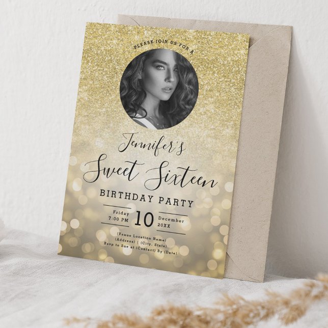 FOTO Gold Glitzer Bokeh Lights Sweet 16 Party Einladung (PHOTO Gold Glitter Bokeh Lights Sweet 16 Party Invitation)