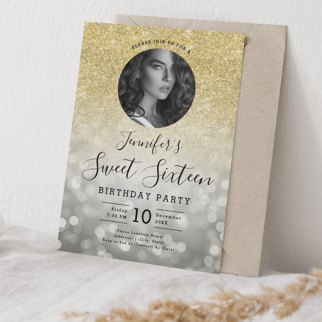 FOTO Gold Glitzer Silver Bokeh Lights Sweet 16 Einladung (PHOTO Gold Glitter Silver Bokeh Lights Sweet 16 Invitation)
