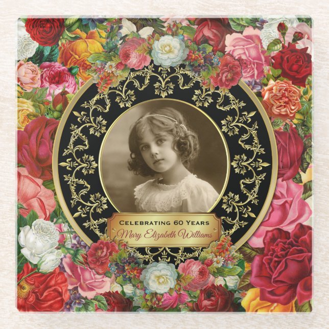 Foto Gold großartige Rose Gedenkfeier Black Onyx Glasuntersetzer (Vorderseite)