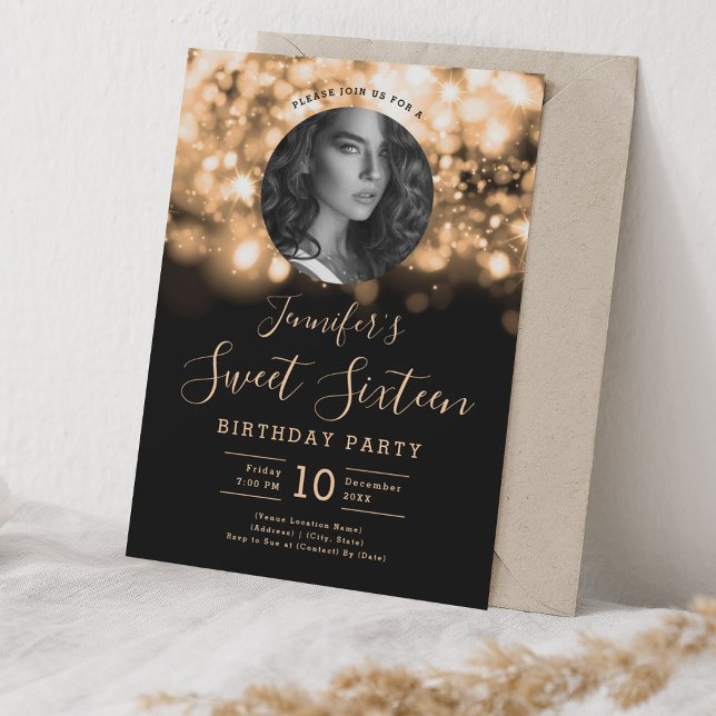 FOTO Gold Hollywood Lights Sweet 16 Party Einladung (PHOTO Gold Hollywood Lights Sweet 16 Party Invitation)