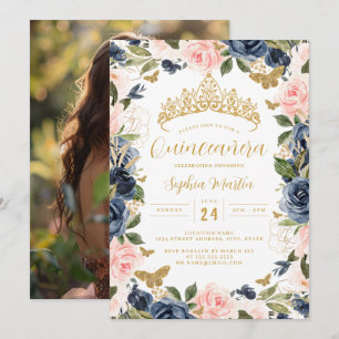 Foto Gold Pink Navy Floral Butterfly Quinceanera Einladung