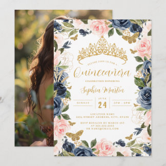Foto Gold Pink Navy Floral Butterfly Quinceanera Einladung