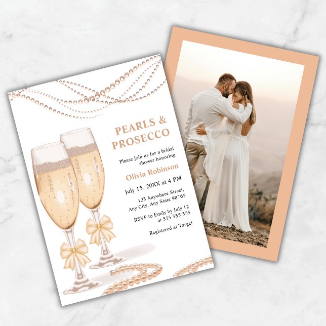 Foto Gold-Schleife Perlen und Prosecco-Junggeselli Einladung (Photo Elegant Gold Bow Pearls and Prosecco Bridal Shower Invitation )