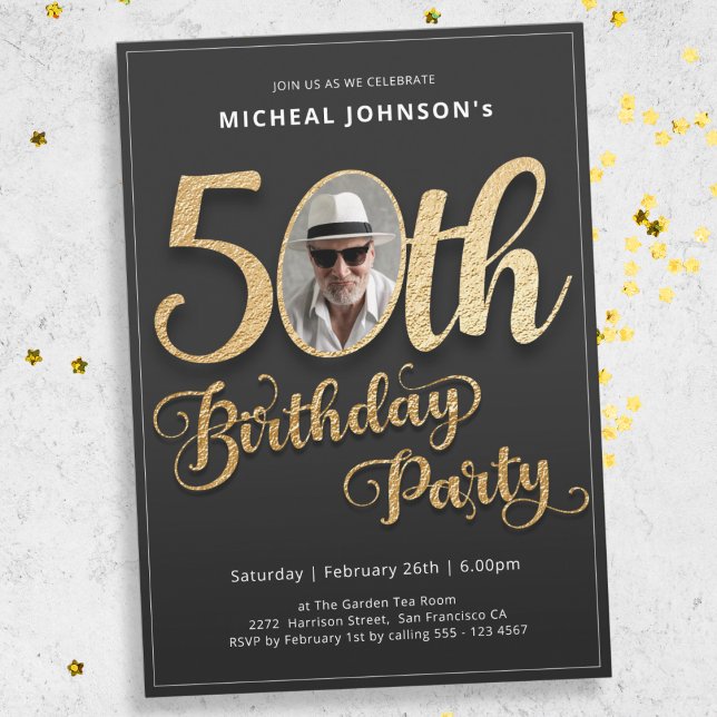 Foto Gold Typografie 50. Geburtstagsparty Einladung (Mockup View)