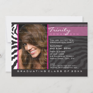 FOTO GRAD PARTY INVITE zebra Streifen schwarz rosa Einladung