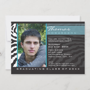 FOTO GRAD PARTY INVITE zebra stripe aqua blau Einladung
