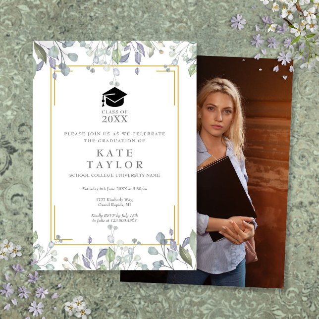 Foto Graduation Party für Blumengewässer Einladung (Floral Watercolor Greenery Photo Graduation Party Invitation)