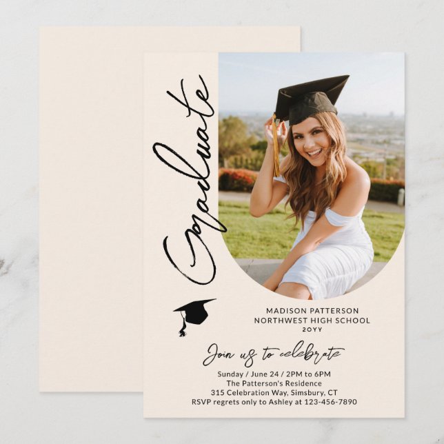 Foto Graduation Party Modernes, elegantes Skript Einladung (Vorne/Hinten)