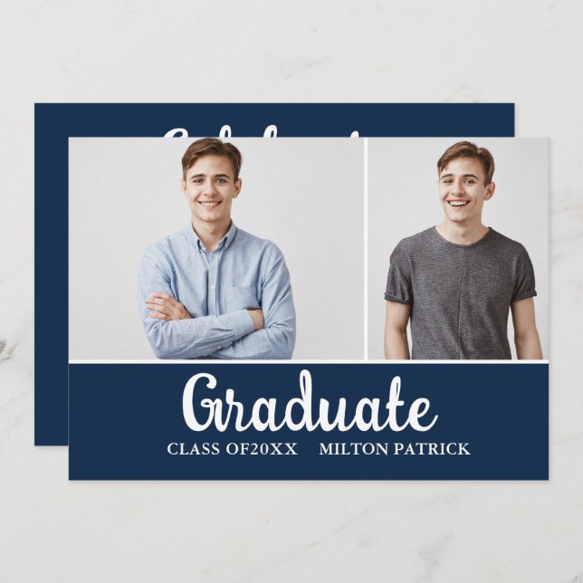 Foto Graduation Party (Navy Blue White Handwriting Einladung (Vorne/Hinten)