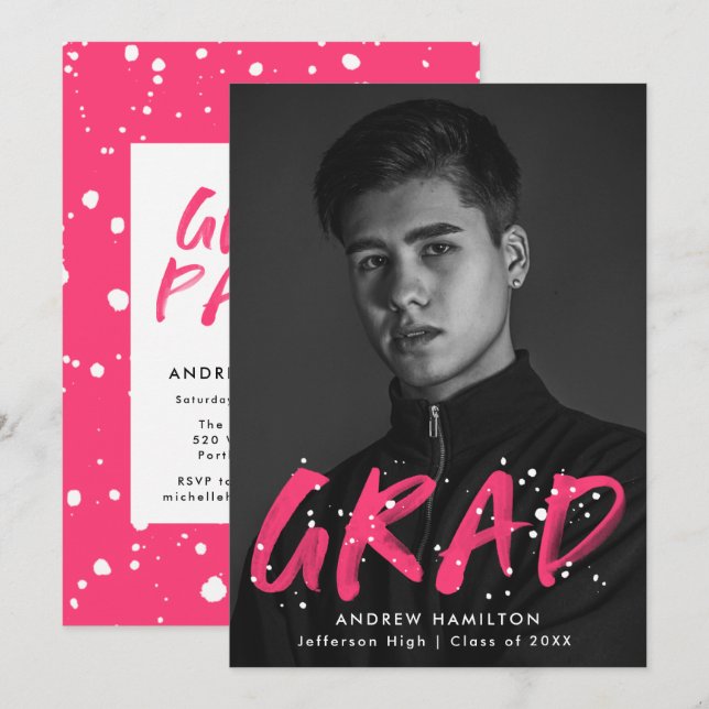 Foto Graduation Party (Pink Paint Spritzer) Einladung (Vorne/Hinten)
