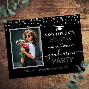 Foto Graduation Party Save the Date Black Postkarte