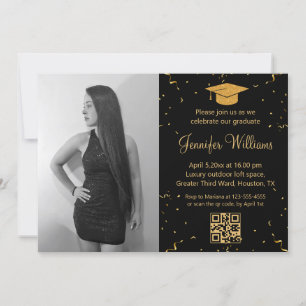 Foto Graduierung Partei qr Code conetti schwarzes Einladung
