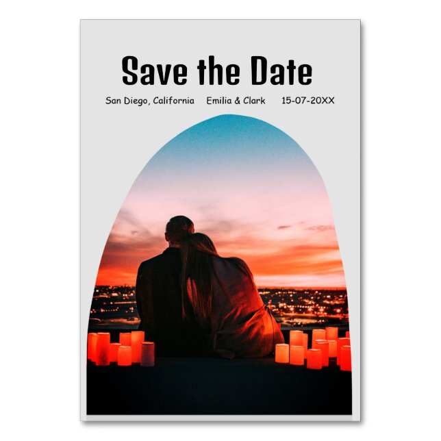 Foto grau boho Save the Date QR moderne Russti Tischnummer (Vorderseite)
