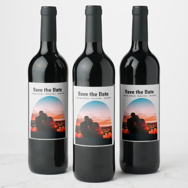 Foto grau boho Save the Date QR moderne Russti Weinetikett (Flaschen)