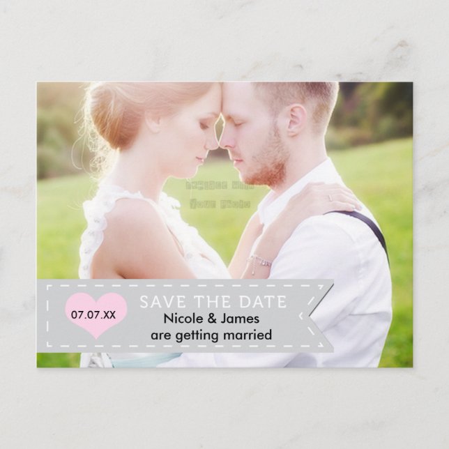 FOTO Graue und rosa Banner SAVE THE DATE Postkarte (Vorderseite)
