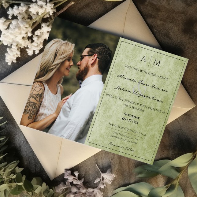 Foto Green Damask Monogram Wedding Einladung (Green Photo Damask Monogram Wedding Invitation)