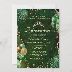 Foto Green Gold Floral Agate Quinceanera Einladung