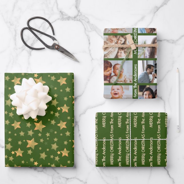 Foto Green Gold Star Pattern Weihnachten Geschenkpapier Set (Vorderseite)