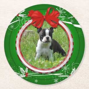 Foto Green Red Holly Berries Ribbon Paper Unterset Runder Pappuntersetzer