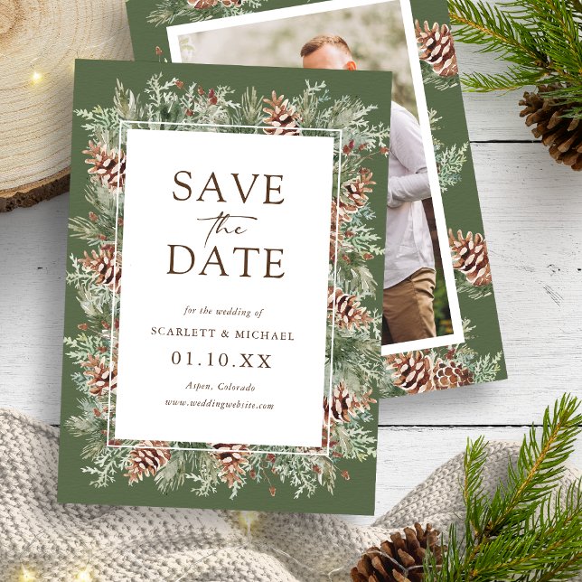 Foto Green Save the Date (Photo Hunter Green Watercolor Pine 
Evergreen Save The Date Card by Painted Paperie
)