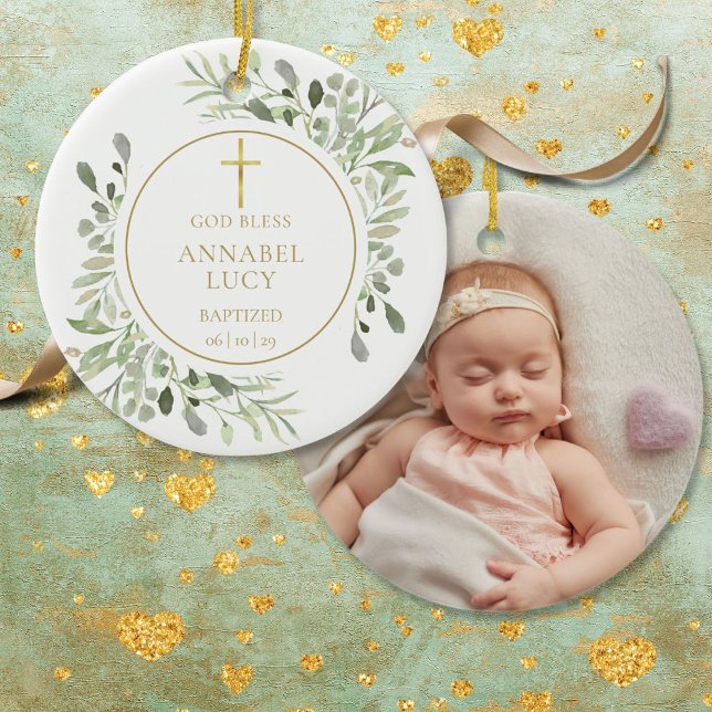 Foto Greeneria Gold für den personalisierten Junge Keramik Ornament (Custom Boy Or Girl Baptism Photo Greenery Gold Ceramic Ornament)