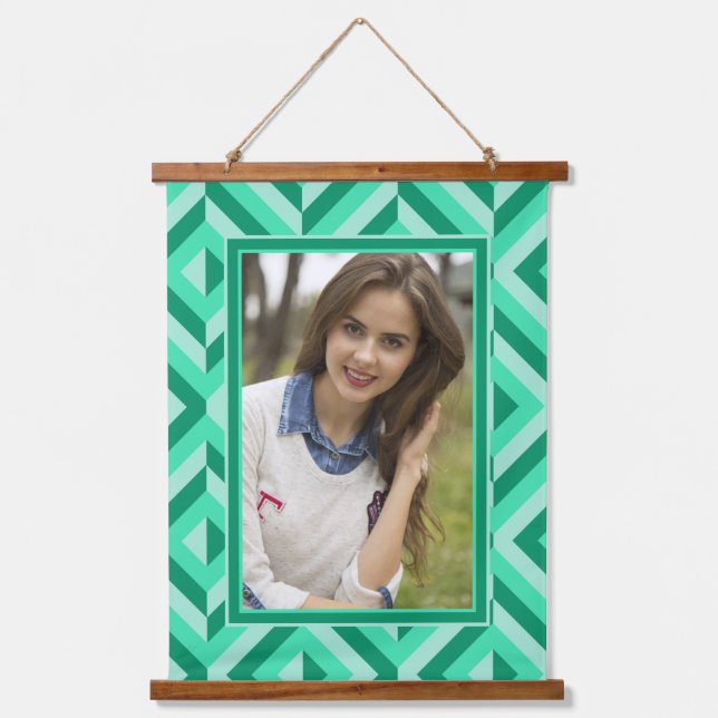 Foto Grün Drei-Tonen-Diamantmuster Wandteppich Mit Holzrahmen (Vorderseite)