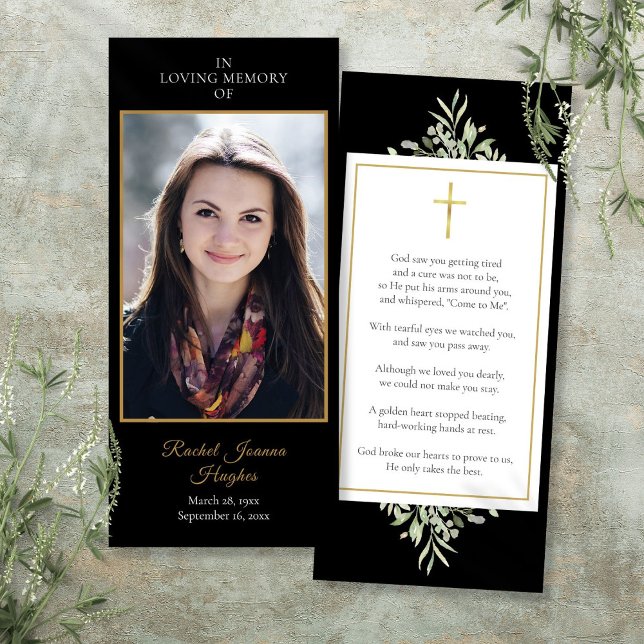 Foto-Grüne-Gebetskarte für Schwarze Beerdigung (Black Funeral Memorial Photo Greenery Prayer Card)