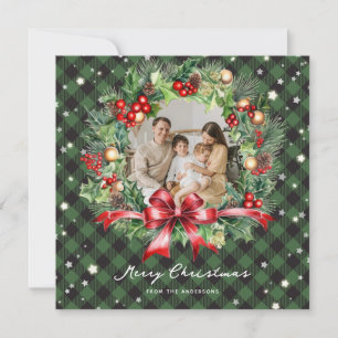 Foto Grüne Karo-Weihnachtsgirlande Sterne Frohe We Feiertagskarte